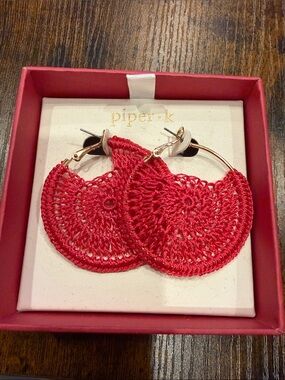 Piper Red Crochet Fan Hoop Earrings with Gold Accents